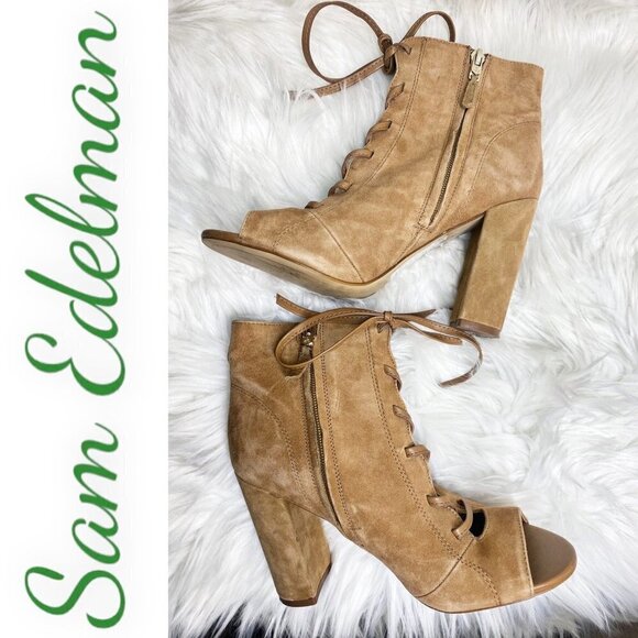 SAM EDELMAN YVIE Suede Open Toe Lace Up Ankle Boot Saddle Brown, Size 8 - Picture 5 of 13